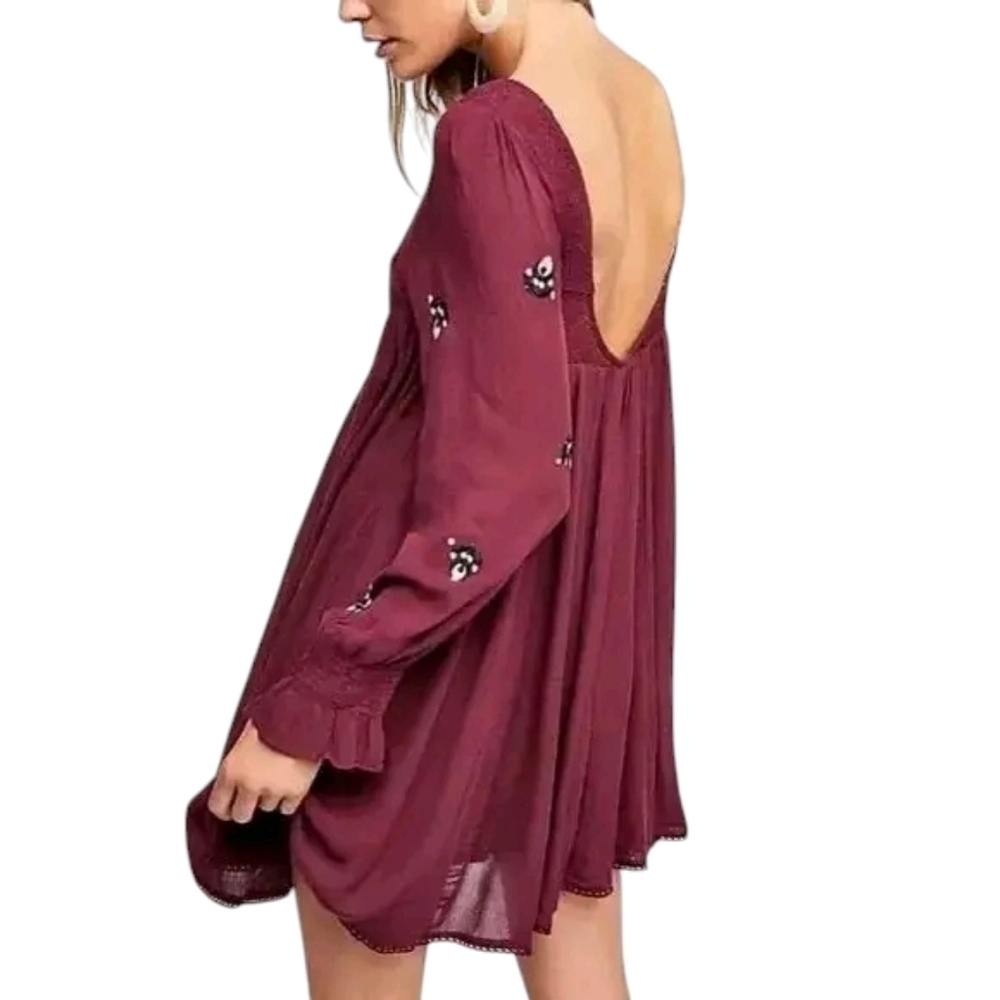Free People Mohave Embroided Mini Dress Burgundy Plum - Picture 2 of 7